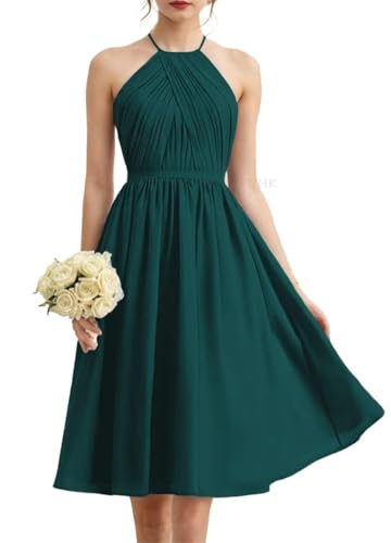 Halfter Prinzessin Brautjungfernkleider Plissee kurz Ballkleider Chiffon formelle Abendparty Kleid, blaugrün, 38 von WSEYU