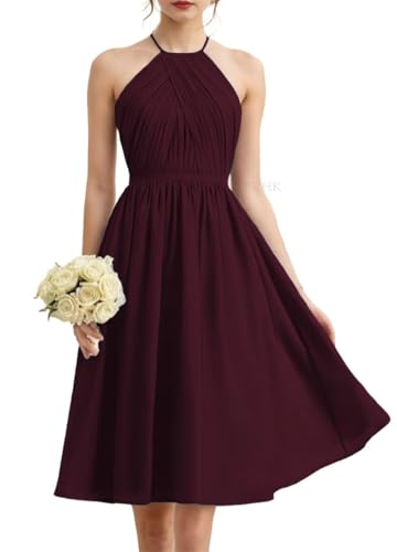 Halfter Prinzessin Brautjungfernkleider Plissee kurz Ballkleider Chiffon formelle Abendparty Kleid, burgunderfarben, 34 von WSEYU