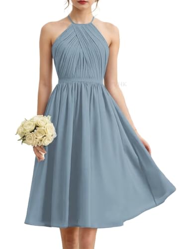 Halfter Prinzessin Brautjungfernkleider Plissee kurz Ballkleider Chiffon formelle Abendparty Kleid, dusty blue, 34 von WSEYU