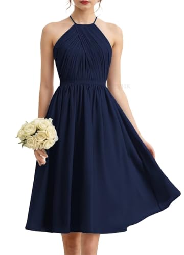 Halfter Prinzessin Brautjungfernkleider Plissee kurz Ballkleider Chiffon formelle Abendparty Kleid, marineblau, 34 von WSEYU