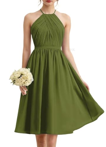 Halfter Prinzessin Brautjungfernkleider Plissee kurz Ballkleider Chiffon formelle Abendparty Kleid, olivgrün, 36 von WSEYU