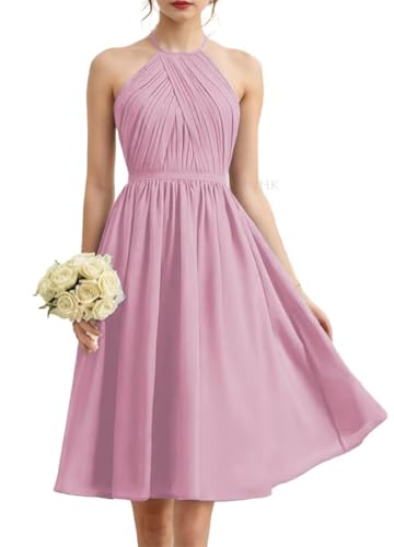 Halfter Prinzessin Brautjungfernkleider Plissee kurz Ballkleider Chiffon formelle Abendparty Kleid, rosa - dusty pink, 32 von WSEYU