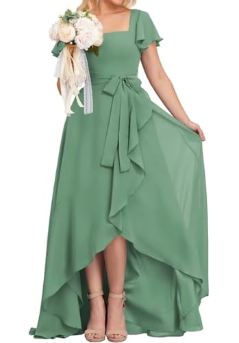 High-Low Prinzessin Brautjungfernkleider quadratischer Ausschnitt Ballkleid Chiffon formelle Abendparty Kleid mit Ärmeln, Eukalyptus, 54 Plus von WSEYU