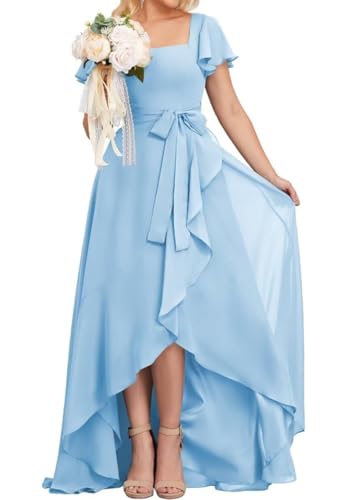 High-Low Prinzessin Brautjungfernkleider quadratischer Ausschnitt Ballkleid Chiffon formelle Abendparty Kleid mit Ärmeln, hellblau, 40 von WSEYU