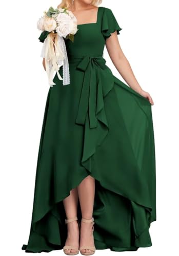 High-Low Prinzessin Brautjungfernkleider quadratischer Ausschnitt Ballkleid Chiffon formelle Abendparty Kleid mit Ärmeln, smaragdgrün, 34 von WSEYU