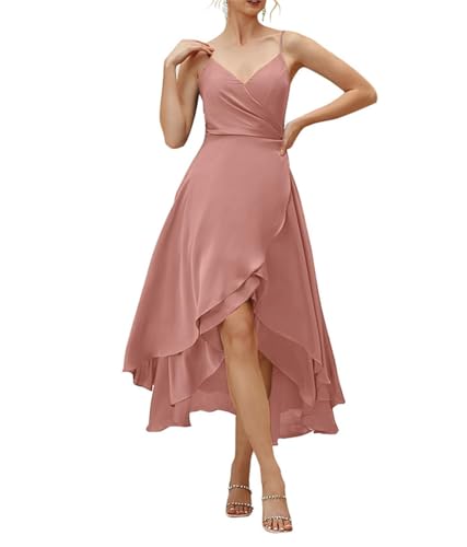 High Low Satin Brautjungfernkleider für Frauen mit Schlitz V-Ausschnitt Spaghettiträgern formelles Kleid, Dusty Rose, 40 von WSEYU