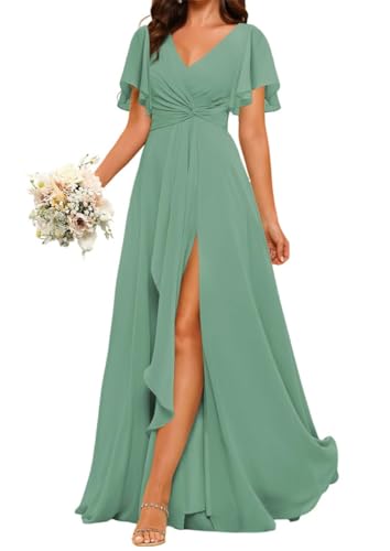 Kleid mit V-Ausschnitt, Prinzessinnenkleid, Brautjungfernkleid, Flatterärmel, Ballkleid, Chiffon, formelles Abendkleid, Partykleid mit Schlitz, Eukalyptus, 42 von WSEYU
