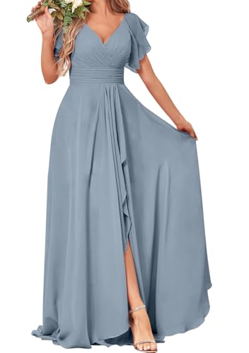 Kurzärmeliges Prinzessinnenkleid, Brautjungfernkleid, V-Ausschnitt, Ballkleid, Chiffon, formelles Abendkleid, Partykleid mit Schlitz, dusty blue, 40 von WSEYU