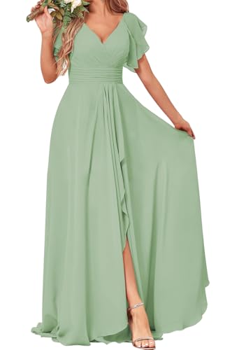 Kurzärmeliges Prinzessinnenkleid, Brautjungfernkleid, V-Ausschnitt, Ballkleid, Chiffon, formelles Abendkleid, Partykleid mit Schlitz, salbeigrün, 32 von WSEYU