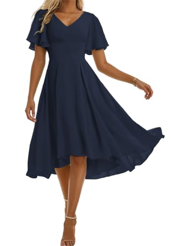 Kurzes Brautjungfernkleid für Damen, formelles Hochzeitskleid mit Ärmeln und V-Ausschnitt, Abendkleid, marineblau, 38 von WSEYU