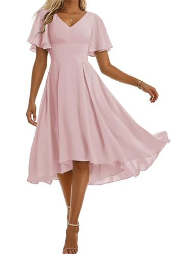 Kurzes Brautjungfernkleid für Damen, formelles Hochzeitskleid mit Ärmeln und V-Ausschnitt, Abendkleid, rosa (Blush Pink), 34 von WSEYU