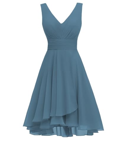 Kurzes Brautjungfernkleid mit doppeltem V-Ausschnitt, plissiert, Chiffon, formelle Heimkehrkleider, blaugrün, 38 von WSEYU