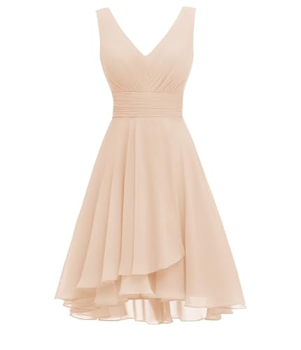 Kurzes Brautjungfernkleid mit doppeltem V-Ausschnitt, plissiert, Chiffon, formelle Heimkehrkleider, pfirsich, 44 von WSEYU