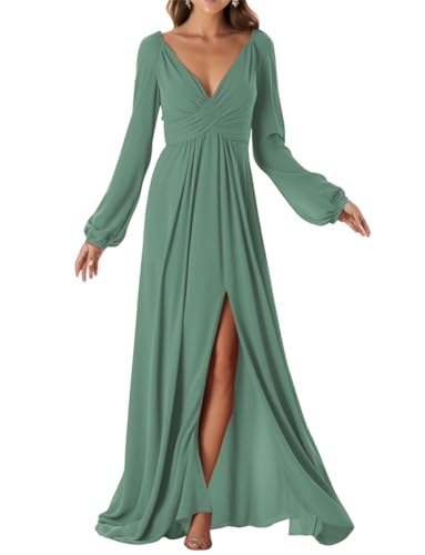 Langarm Brautjungfernkleider mit Schlitz Chiffon Formelles Kleid für Frauen, Eukalyptus, 48 von WSEYU