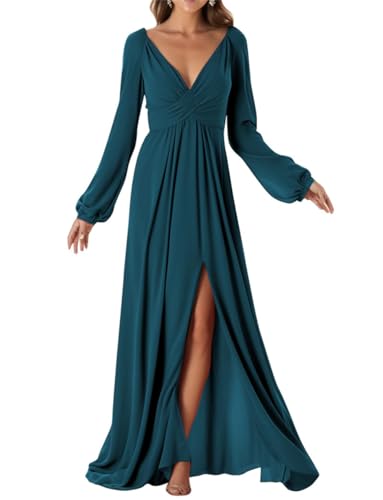 Langarm Brautjungfernkleider mit Schlitz Chiffon Formelles Kleid für Frauen, pfau, 42 von WSEYU
