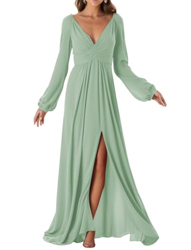 Langarm Brautjungfernkleider mit Schlitz Chiffon Formelles Kleid für Frauen, salbeigrün, 38 von WSEYU