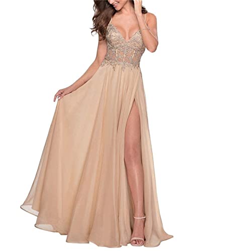 Lange Brautjungfernkleider aus Chiffon mit Spitzenapplikation, formelles Abendkleid mit Schlitz für Damen, champagnerfarben, 38 von WSEYU