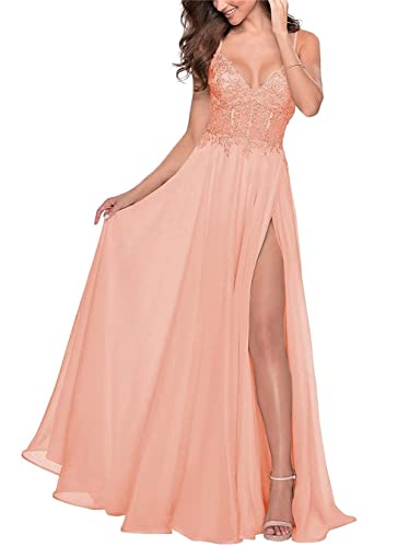Lange Brautjungfernkleider aus Chiffon mit Spitzenapplikation, formelles Abendkleid mit Schlitz für Damen, pfirsich, 38 von WSEYU