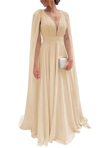 Lange Brautjungfernkleider für Hochzeit, Chiffon, Hochzeitsgästekleider für Damen, A-Linie, formelle Abendkleid, Partykleider, champagnerfarben, 48 von WSEYU