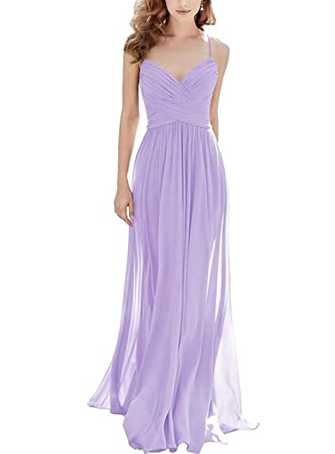 Lange Falten Chiffon Brautjungfernkleider Spaghettiträger V-Ausschnitt formelles Kleid für Damen, lavendel, 32 von WSEYU
