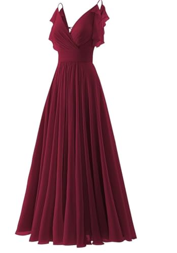 Langes Chiffon-Kleid für Damen, mit Schlitz, tiefem V-Ausschnitt, Brautjungfernkleid mit Bindeband, Cocktailkleider, weinrot, 48 Plus von WSEYU