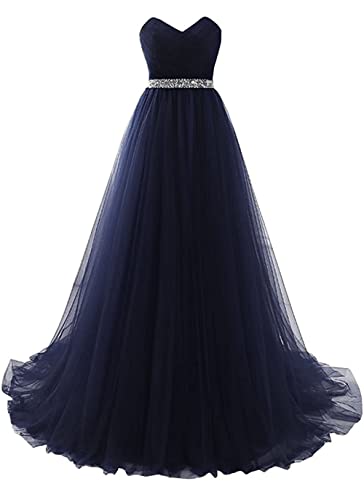 Langes Kleid aus Tüll für Hochzeit, Party, plissiert, formelles Kleid mit Strass-Perlen, Gürtel für Damen, navy, 52 von WSEYU