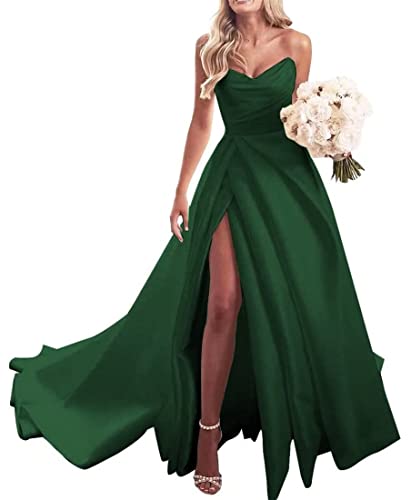 Langes trägerloses schulterfreies Ballkleid Satin Sweetheart formelle Abendparty Kleider mit Schlitz für Frauen, smaragdgrün, 36 von WSEYU