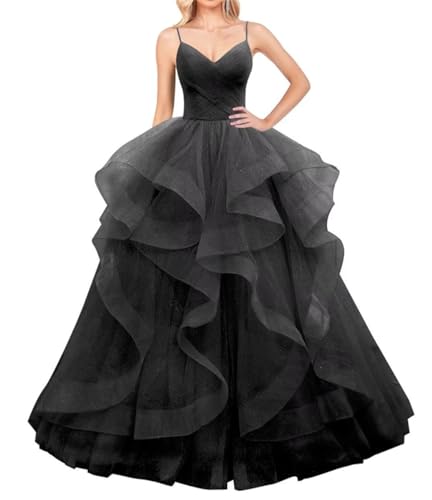 Layered Tüll Ballkleider Lange Glitzer Ballkleid A-Linie Formale Abendkleid Sparkly Festzug Kleid für Frauen, Schwarz , 48 von WSEYU