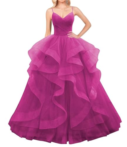 Layered Tüll Ballkleider Lange Glitzer Ballkleid A-Linie Formale Abendkleid Sparkly Festzug Kleid für Frauen, fuchsia, 40 von WSEYU