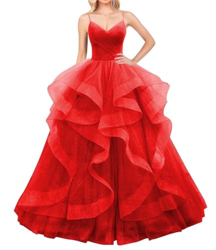 Layered Tüll Ballkleider Lange Glitzer Ballkleid A-Linie Formale Abendkleid Sparkly Festzug Kleid für Frauen, rot, 38 von WSEYU