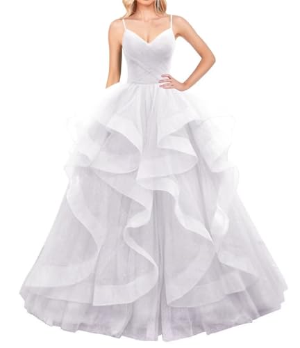 Layered Tüll Ballkleider Lange Glitzer Ballkleid A-Linie Formale Abendkleid Sparkly Festzug Kleid für Frauen, weiß, 48 von WSEYU