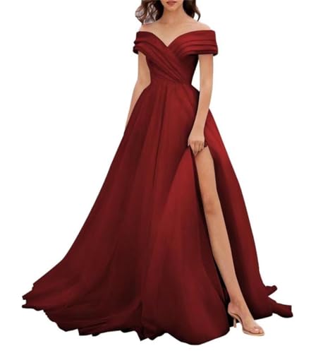 Off Schulter Tüll Ballkleider Ballkleid für Frauen A-Linie Brautkleid Split Formale Abendkleid, weinrot, 44 von WSEYU
