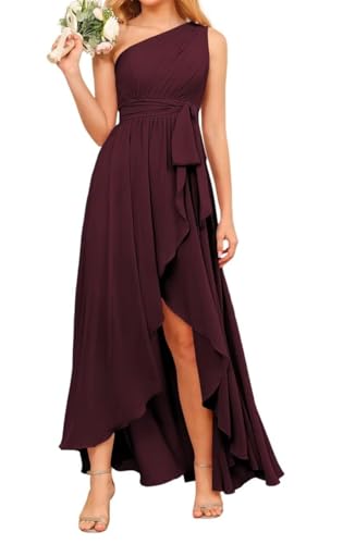 One Shoulder Prinzessin Brautjungfernkleider High Low Ballkleider Chiffon formelle Abendparty Kleid mit Schlitz, burgunderfarben, 40 von WSEYU