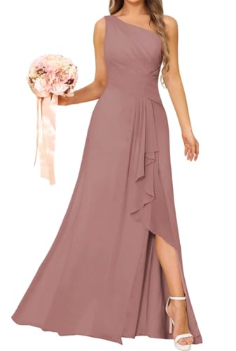 One Shoulder Prinzessin Brautjungfernkleider Rüschen Ballkleider Chiffon formelle Abendparty Kleid mit Schlitz, mauve, 42 von WSEYU