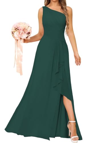 One Shoulder Prinzessin Brautjungfernkleider Rüschen Ballkleider Chiffon formelle Abendparty Kleid mit Schlitz, pfau, 32 von WSEYU