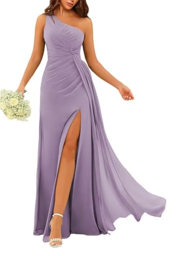 One-Shoulder-Prinzessinnenkleid, Brautjungfernkleid, ausgeschnitten, gedreht, Ballkleid, Chiffon, formelle Abendkleid, Partykleid ZM155, Wisteria, 44 von WSEYU