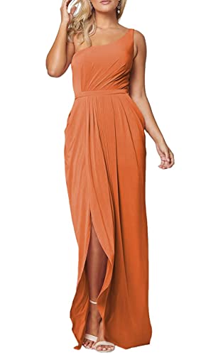 One Shoulder Sleeveless Bridesmaid Kleider Chiffon Plissee Hochzeit Abendkleid mit Schlitz für Damen, Orange, 36 von WSEYU