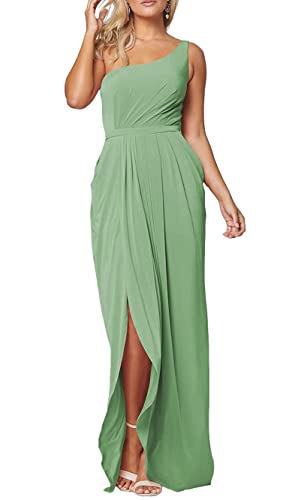 One Shoulder Sleeveless Bridesmaid Kleider Chiffon Plissee Hochzeit Abendkleid mit Schlitz für Damen, graugrün, 34 von WSEYU