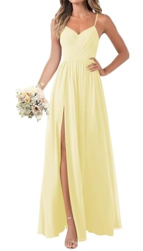 Prinzessin Brautjungfernkleider Spaghettiträger Ballkleider Chiffon formelle Abendparty Kleid mit Schlitz, gelb, 38 von WSEYU