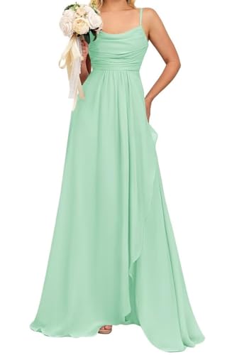 Prinzessin Brautjungfernkleider Spaghettiträger Ballkleider Chiffon formelle Abendparty Maxikleid mit Schlitz ZM192, mintgrün, 48 von WSEYU