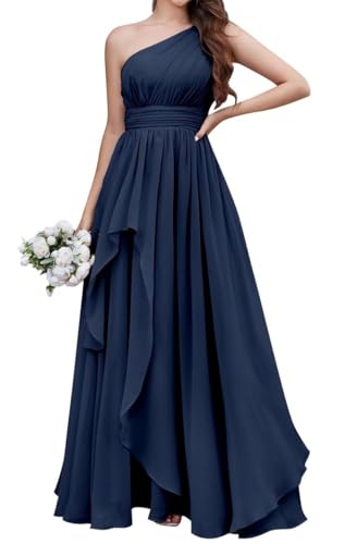 Prinzessin Brautjungfernkleider eine Schulter Ballkleider Chiffon formelle Abendparty Maxikleid mit Schlitz Schleife ZM215, marineblau, 40 von WSEYU