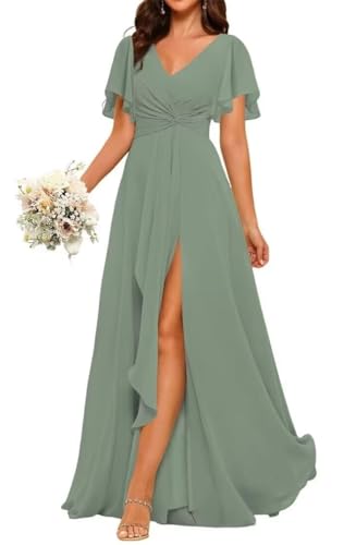 Prinzessin Brautjungfernkleider mit Flatterärmeln und Chiffon, formelle Abendparty, Maxikleid mit Schlitz ZM228, Eukalyptus, 42 von WSEYU