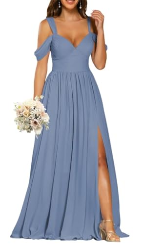 Prinzessinnenkleid, Brautjungfernkleid, Spaghettiträger, Ballkleid, schulterfrei, formelles Abendkleid, Partykleid mit Schlitz ZM111, stahlblau, 38 von WSEYU