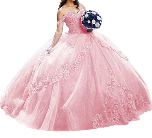 Quinceanera 3D-Blumen-Tüllkleid mit Perlen, schulterfrei, Prinzessinnen-Kleid, Rosa, 36 von WSEYU