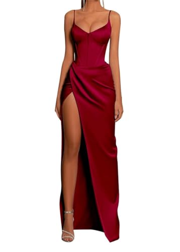 Satin-Ballkleid für Damen, Spaghettiträger, Meerjungfrauen-Abschlussballkleid mit Schlitz, V-Ausschnitt, formelles Abendkleid, Partykleid, Burgunderrot, Größe 40 von WSEYU