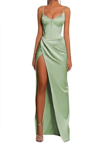Satin-Ballkleid für Damen, Spaghettiträger, Meerjungfrauen-Abschlussballkleid mit Schlitz, V-Ausschnitt, formelles Abendkleid, Partykleid, Salbeigrün, Größe 40 von WSEYU