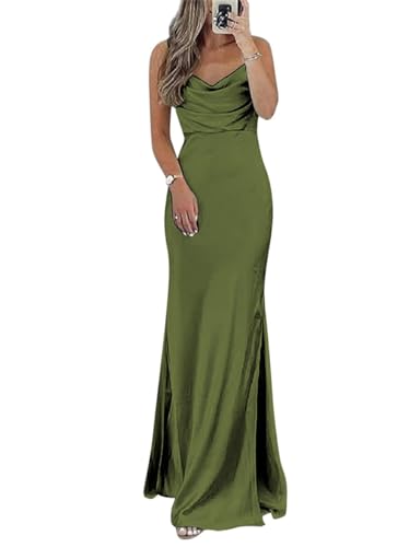 Satin Brautjungfernkleider lang für Hochzeit Wasserfallausschnitt trägerlose Ballkleider für Frauen mit Schlitz, olivgrün, 38 Satin Brautjungfernkleider lang für Hochzeit Wasserfallausschnitt trägerlose Ballkleider für Frauen mit Schlitz, olivgrün, 38 von WSEYU