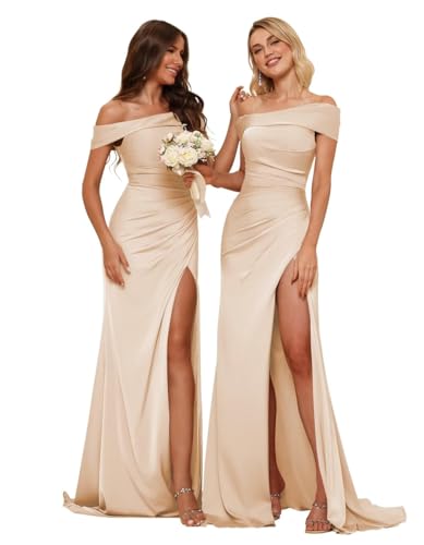 Satin Meerjungfrau Brautjungfernkleider Damen Schulterfrei Abend Abschlussball Party Kleid mit Schlitz Schleppe, blush, 32 von WSEYU