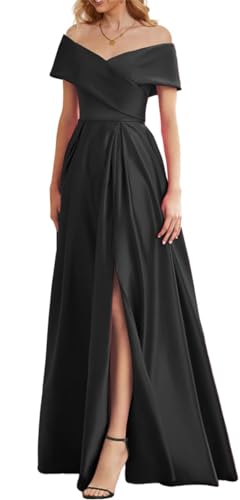 Schulterfreies Ballkleid für Damen, Korsett, Satin, Brautjungfernkleid mit Ärmeln, seitlicher Schlitz, formelles Kleid, Schwarz , 38 von WSEYU