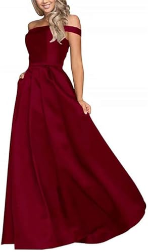 Schulterfreies Ballkleid für Damen, lang, Satin, formelle Abendkleider mit Taschen, dunkelrot, 40 von WSEYU